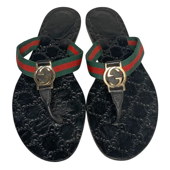 Gucci GG Web Stripe Thong Sandals EU 37.5 US 7.5 Black Flip Flop Slide Flat Heel - Picture 1 of 12